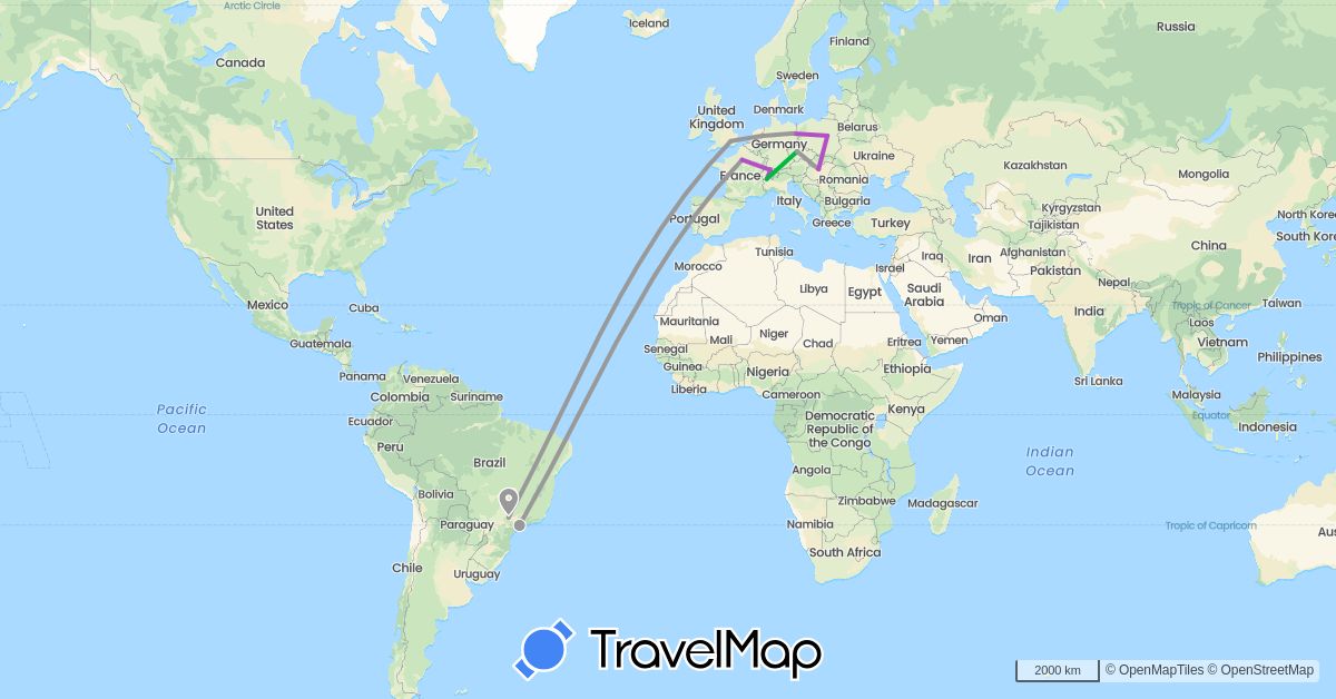 TravelMap itinerary: driving, bus, plane, train in Brazil, Switzerland, Czech Republic, Germany, France, United Kingdom, Hungary, Poland (Europe, South America)