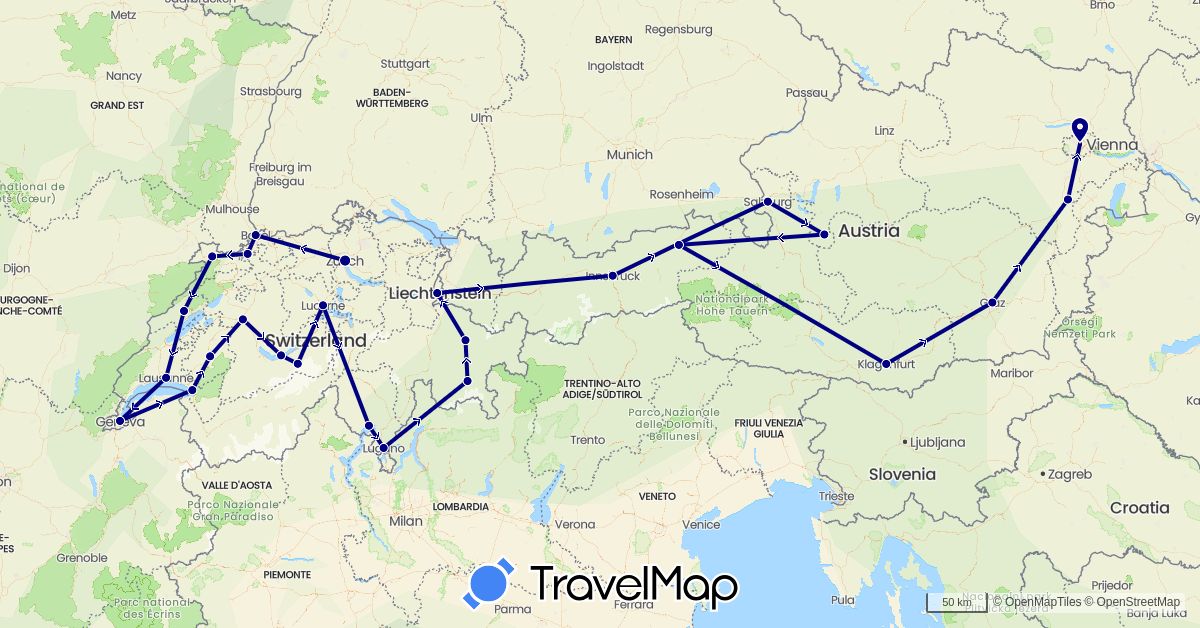 TravelMap itinerary: driving in Austria, Switzerland, Liechtenstein (Europe)